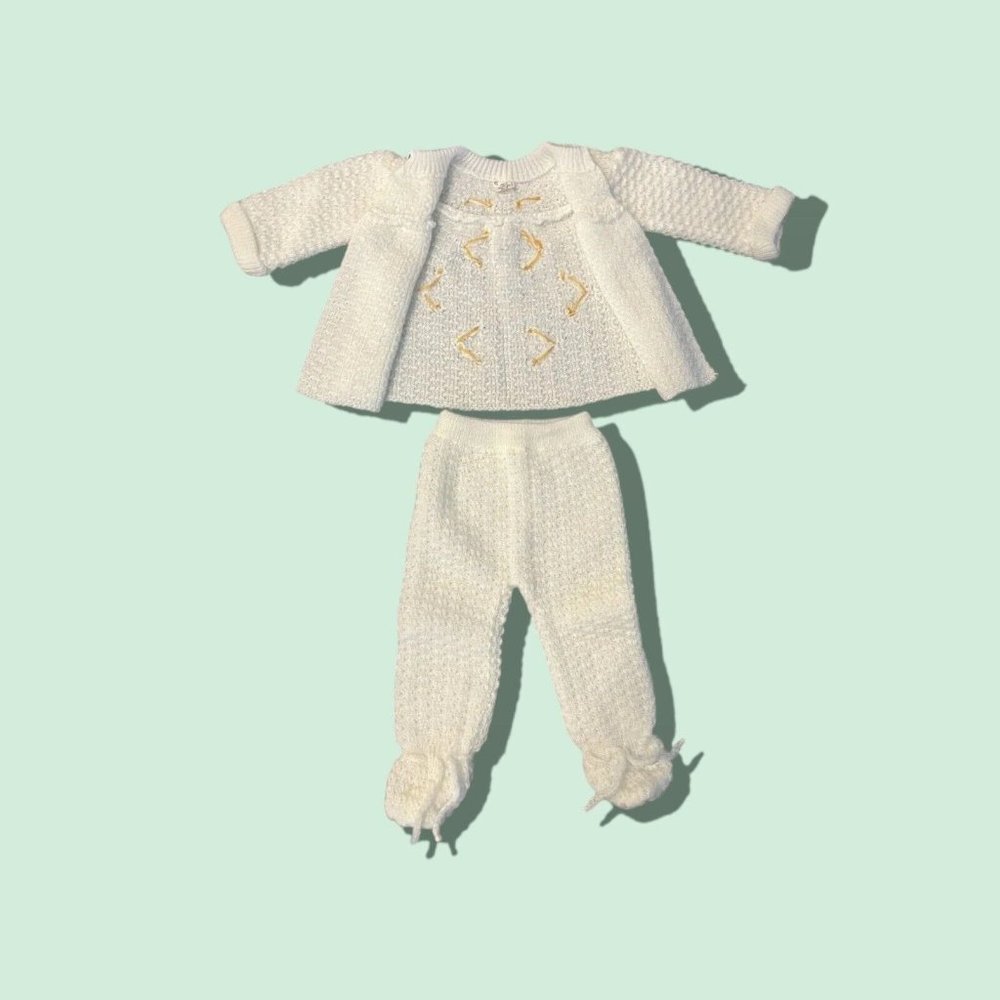 Vtg Italy Knit New Born Baby Layette Ribbon Sweater Pants White Wedding Baptism - Picture 14 of 15
